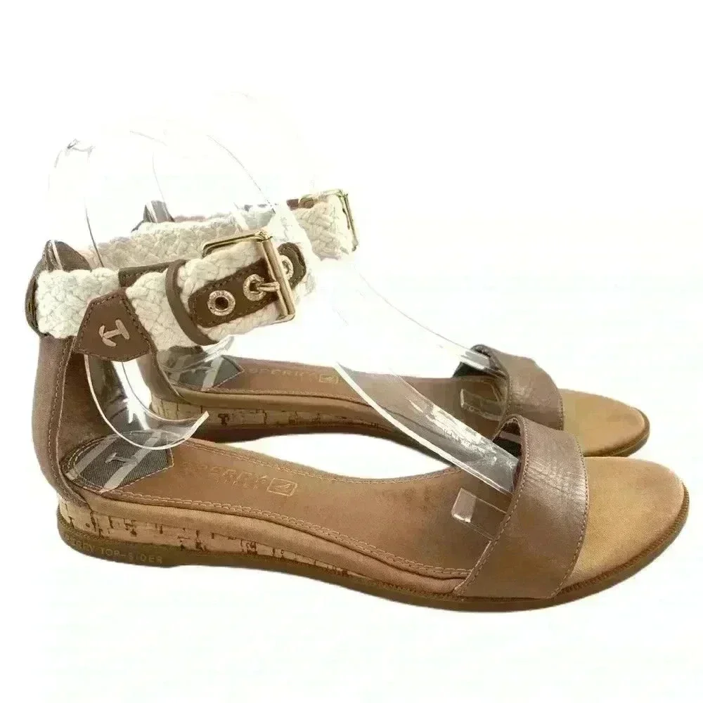 Sperry womens sandals size 5.5 brown leather nautical ankle strap cork wedges